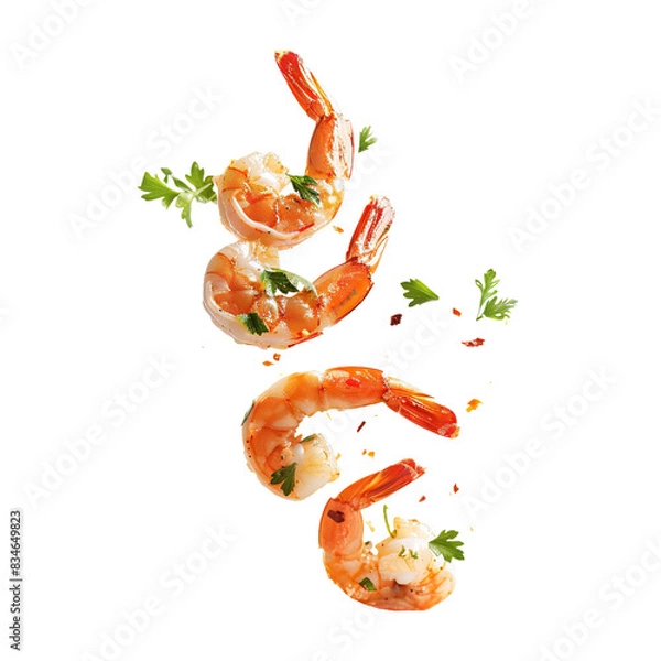 Fototapeta Shrimp with spices and parsley levitating in mid-air, dynamic seafood composition, isolated on white

