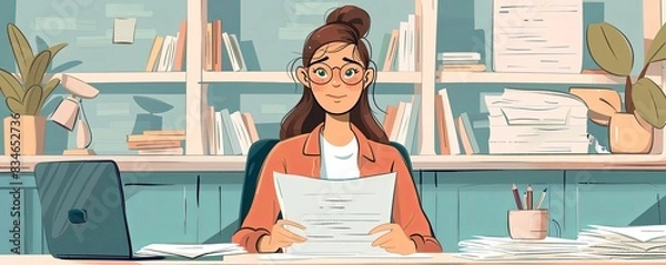 Obraz Teacher grading papers, flat design, front view, academic theme, cartoon drawing, complementary color scheme