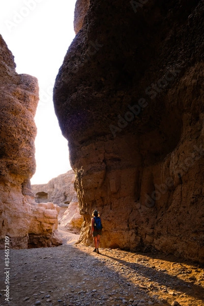 Obraz A lone hiker explores the rugged terrain of Sesriem Canyon in Namibia. Sunlight filters through the narrow passage, illuminating the rocky walls and casting dramatic shadows.