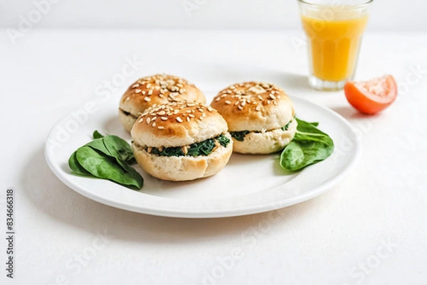 Fototapeta Freshly Made Spinach & Sesame Bagel Bites on a White Plate with a Glass of Orange Juice