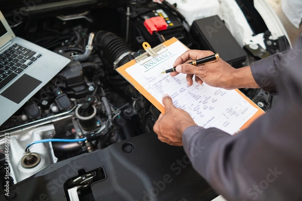 Fototapeta car service center mechanics are checking condition car and engine make sure they are ready use and in perfect condition according center warranty. periodic vehicle inspections for safety in driving.