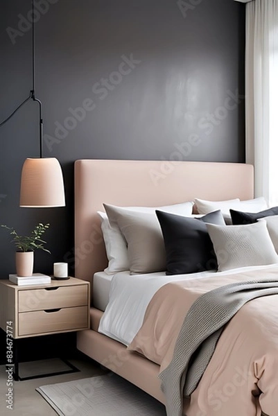 Fototapeta Bedroom with Delicate Peach Fuzz Interior Color Trend 2024, Modern Luxury Apricot Room, Salmon Fabric and Beige Plaster. Home or Hotel Design. 3D Render