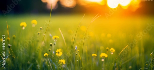 Obraz Abstract soft focus sunset field landscape of yellow flowers and grass meadow warm golden hour sunset sunrise time. Tranquil spring summer nature closeup and blurred forest background. Idyllic nature