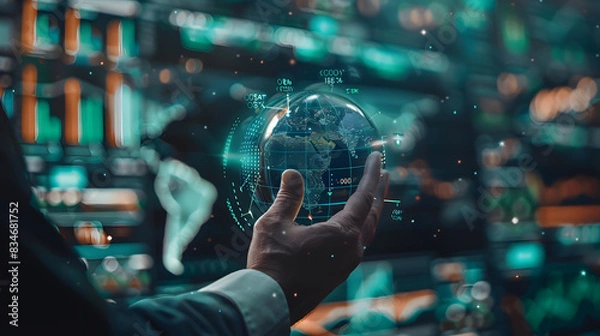 Fototapeta Businessman with a futuristic dashboard analyzing a graph of future market trends, holding a globe, showcasing global financial decisions, detailed trade patterns, integration of advanced technology