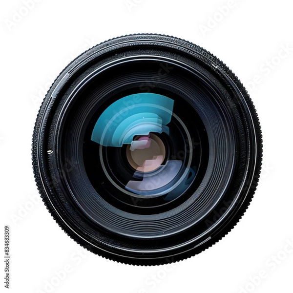 Fototapeta Close-up of a black camera lens with colorful reflections on a on transparent background