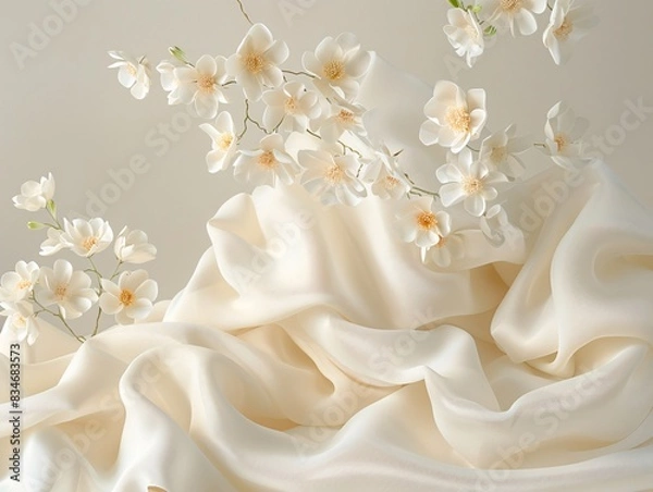 Fototapeta Elegant folds and floral shadow play on soft fabric, providing ample space for text