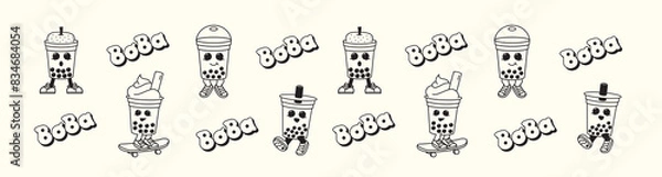 Obraz Cute boba cup character and boba wordmark pattern