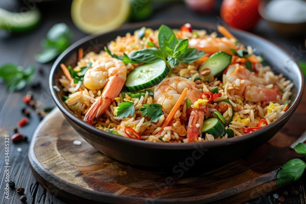 Obraz Thai Fried Rice (Khao Pad) with shrimp and vegetables, garnish cucumber, lemon and spring onions. Food and cuisine concept for poster or menu restaurant, Banner website, Ads. Generative AI