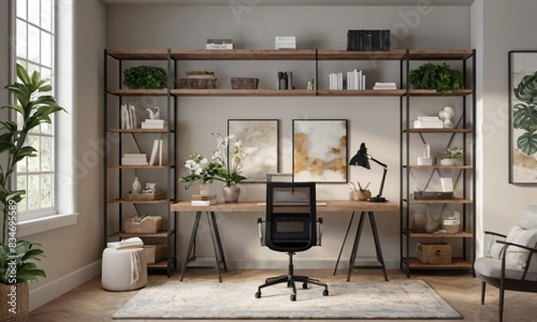 Fototapeta  a high-quality 3D render of a stylish and functional home office. Incorporate a sleek desk, an ergonomic chair, and ample storage solutions like shelves and cabinets