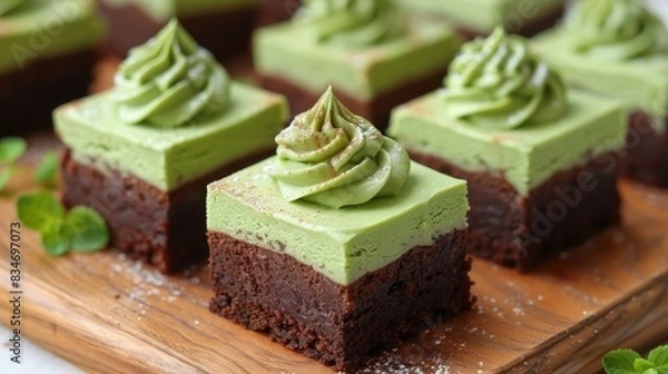 Fototapeta  A wooden cutting board holds brownies, each topped with green frosting and garnished with green leafy leaves