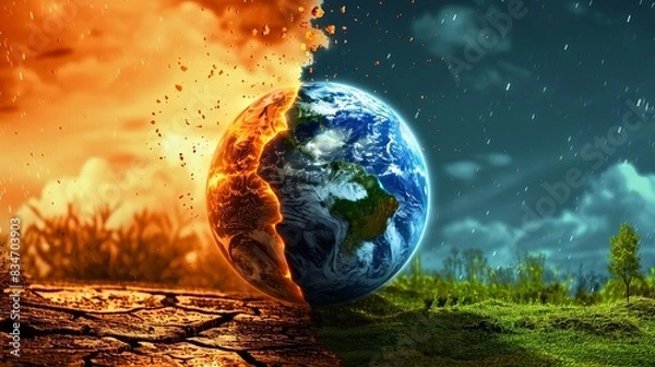 Obraz Earth divided by fire and water, symbolizing climate change and environmental challenges.