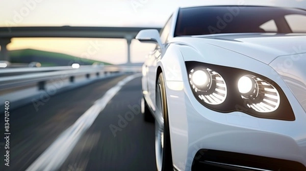 Fototapeta Half of a white luxury car from the front with headlights on, on a blurred highway background for ads with copy space for text
