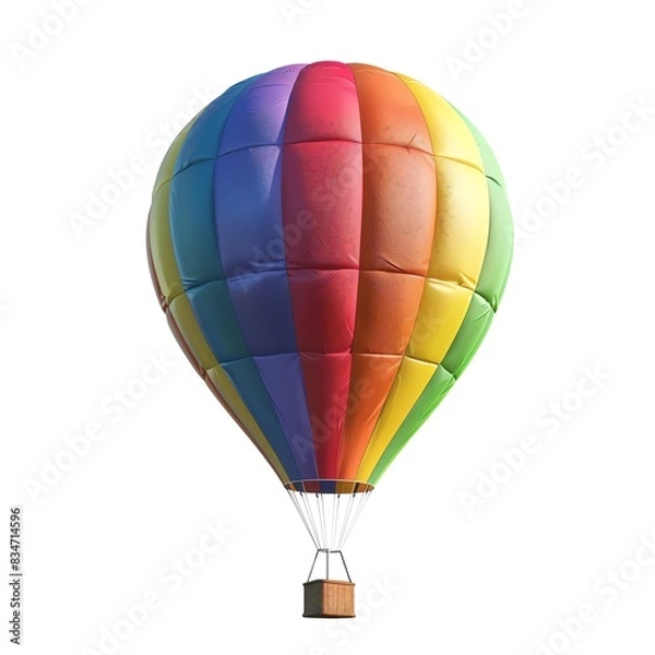Fototapeta A colorful hot air balloon floats against a white background.  The balloon is a vibrant rainbow of colors.  It is a classic symbol of adventure and freedom.