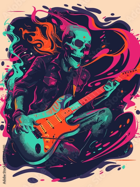 Fototapeta Skull with guitar on abstract colorful grunge background. Vector illustration