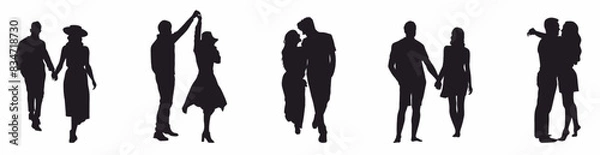 Fototapeta set of romantic couple in various poses silhouettes collection. Couple falling in love different poses isolated on white background silhouette set.
