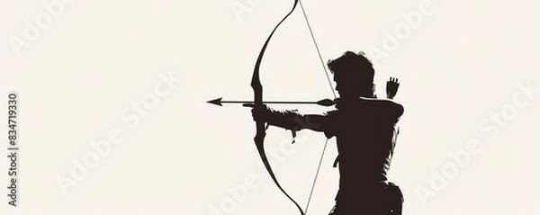 Obraz A stark silhouette of an archer drawing a bow with an arrow against a white background, depicting focus.