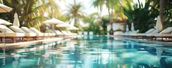 Obraz poolside scene at a luxurious tropical resort with rows of loungers under palm trees during sunset.