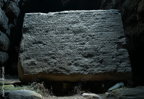 Fototapeta Ancient Forgotten Ruins Stone Tablet with Mysterious Inscriptions  Archaeological Discovery and Historical Artifact