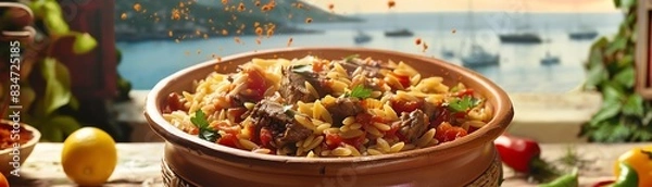 Fototapeta A delicious and healthy Mediterranean dish of lamb and orzo pasta with fresh vegetables, herbs and spices.
