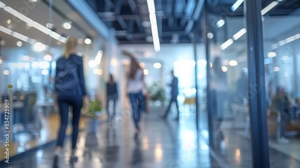 Fototapeta Busy business office scene with blurred casual attire people and bokeh background.

