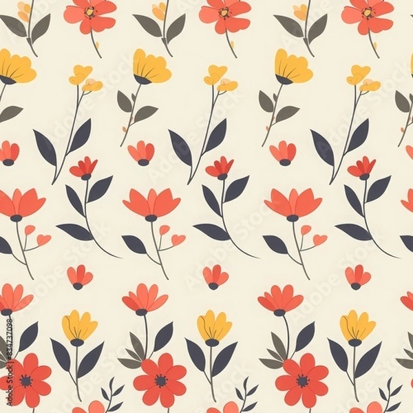 Fototapeta Floral Seamless Pattern with Delicate Leaves and Berries
