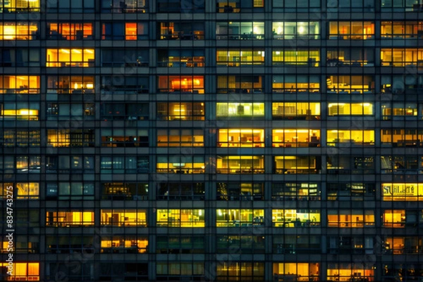 Fototapeta An office building at night, filled with glowing windows like the lights of an urban cityscape, captures the symmetrical arrangement and grid effect. 
