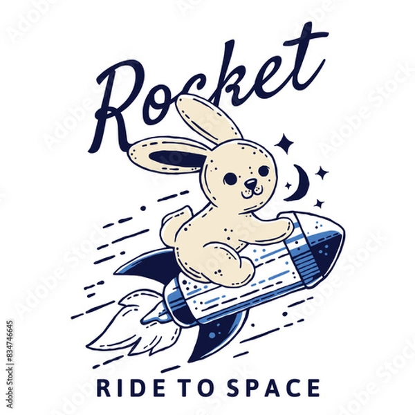Obraz Rocket in Space Retro Design, Vintage Rabbit Illustration for Clothing