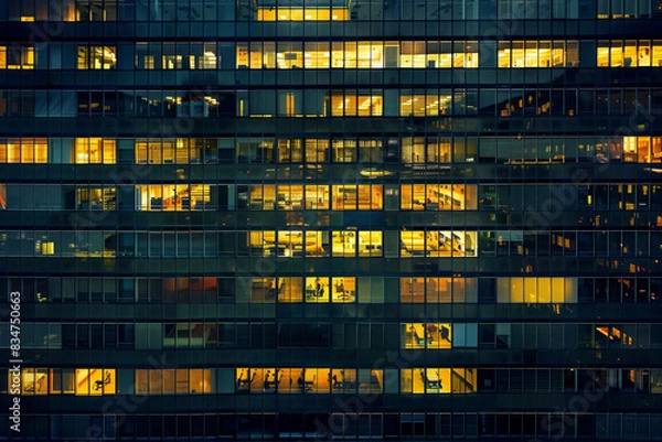 Fototapeta An office building at night, filled with glowing windows like the lights of an urban cityscape, captures the symmetrical arrangement and grid effect. 