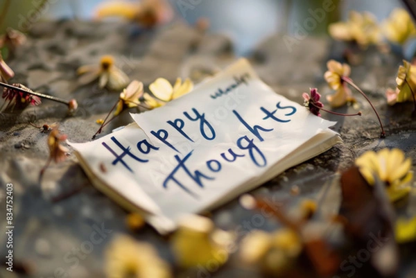 Obraz Handwritten "Happy Thoughts" Note with Fallen Flowers