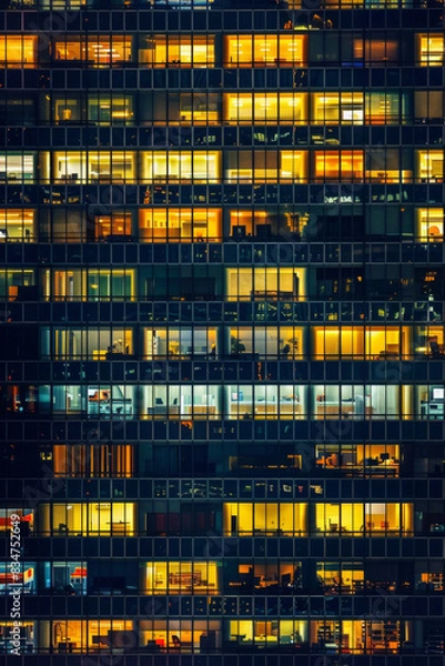 Fototapeta An office building at night, filled with glowing windows like the lights of an urban cityscape, captures the symmetrical arrangement and grid effect. 