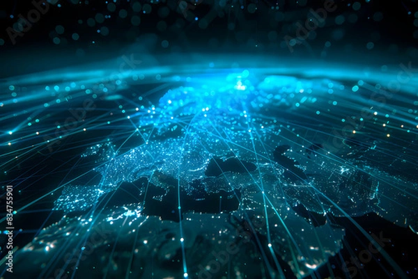 Fototapeta An illustration featuring digital art of Earth at night with an intricate web of network lines and dots