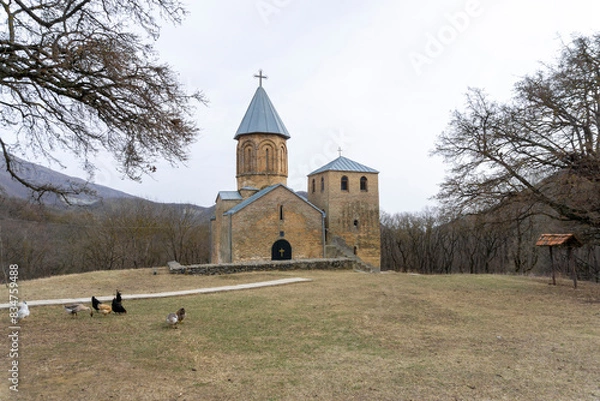 Fototapeta Courtyard of 40 Sebastian monastery. Church and tower. Chickens and ducks graze on the grass. Faded grass and sky.