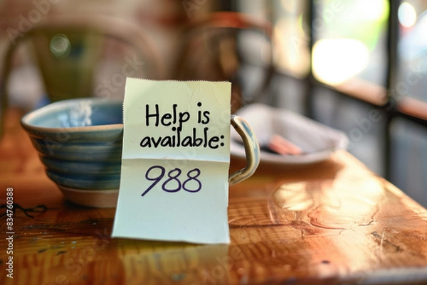 Fototapeta Note with Help is Available: 988 on a Table