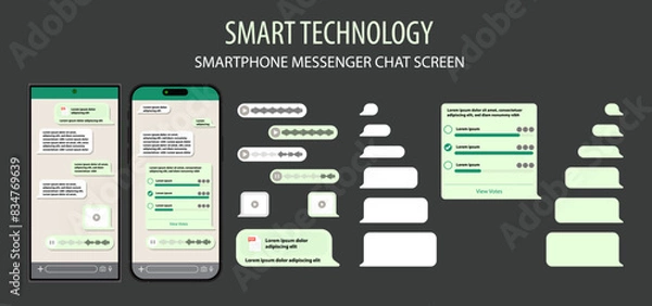 Fototapeta Smartphone and Messenger UI Template, Social Communication and Messengers App in Mobile Communication Illustration. Chat App in Smart Mobile Phone Template. Modern Realistic Cellphone. Vector.