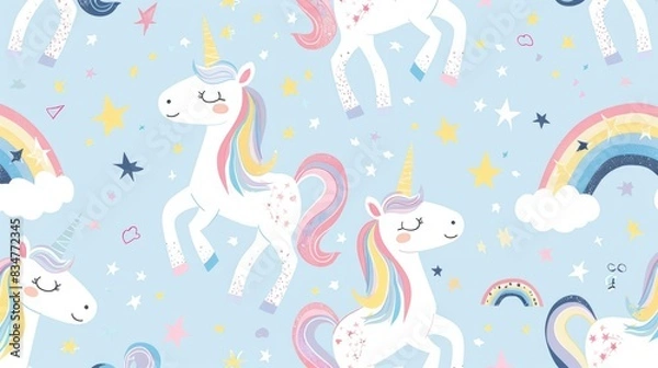 Fototapeta A whimsical fabric pattern with pastel cartoon unicorns, rainbows, and stars, creating a dreamy and enchanting design