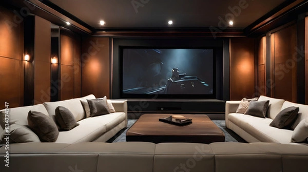 Fototapeta Ultimate Home Entertainment Sleek Home Theater with Plush Seating and Surround Sound for an Immersive Cinematic Experience, 