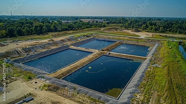 Fototapeta An aerial view of a landfill site undergoing methane capture and conversion to renewable energy, showcasing waste-to-energy technologies.