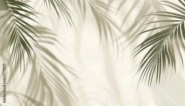 Fototapeta Blurred shadow from palm leaves on light cream wall. Minimalistic beautiful summer spring background for product presentation.