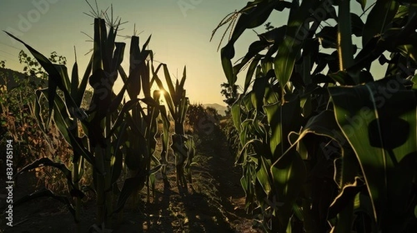 Fototapeta A rustic garden at twilight, the silhouettes of towering corn stalks and robust zucchini plants casting long shadows in the fading light.