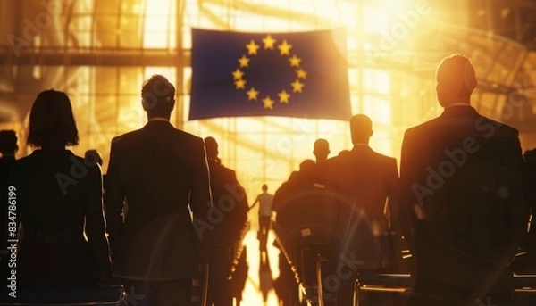 Fototapeta A concept image representing European Union politics, featuring the back view of unidentifiable politicians at the EU parliament with the European Union flag in the background
