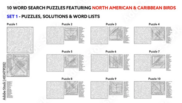 Fototapeta Educational Word Search Puzzles Featuring North American and Caribbean Birds for Classroom and Home Use - Set 1 of 5