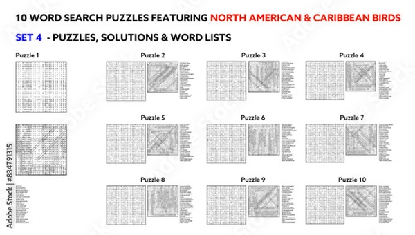 Fototapeta Vector Word Search Puzzles with Solutions: North American and Caribbean Birds Educational Activity - Set 4 of 5