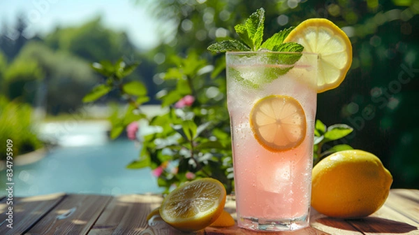 Fototapeta Lemonade with ice and fresh lemon with mint on wooden background. horizontal view. copy space. refreshing summer drink