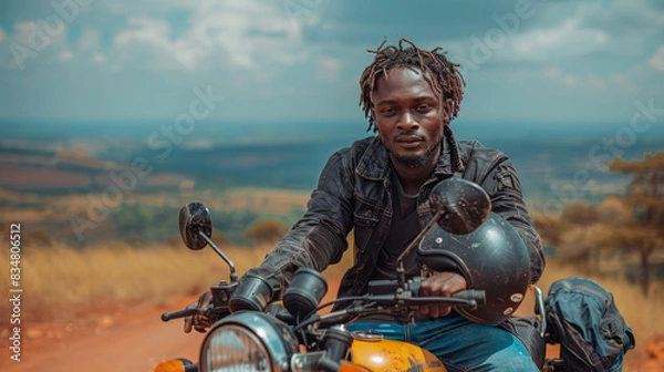 Fototapeta An intense portrait of an African biker on a motorcycle with open vistas reflecting a sense of adventure