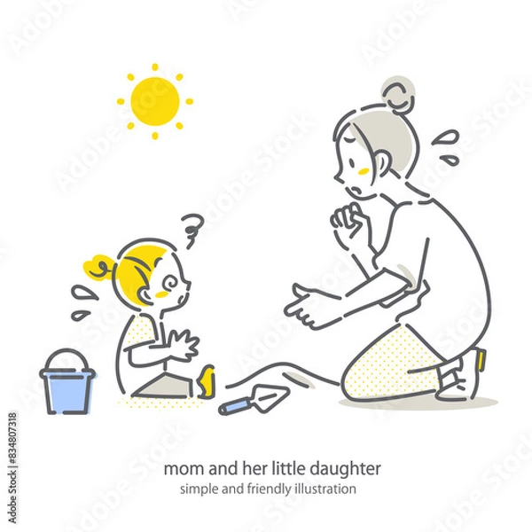 Fototapeta 外遊び中に熱中症にかかった子供を心配するお母さん　シンプルでお洒落な線画イラスト