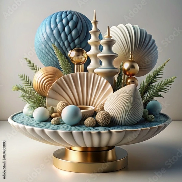 Obraz 3D Render of a Seashell and Clam Coastal Table Centerpiece, on isolated white background, Generative AI