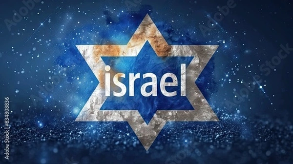 Fototapeta A digital composite image featuring the Star of David with 'Israel' text, against a cosmic, starry background