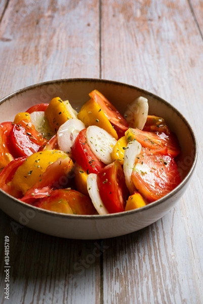 Obraz Detail shot of a minimalist homemade summer salad. Tomato, peach and cucumber.