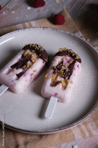 Obraz Detail shot of homemade raspberry and oatmeal ice cream.