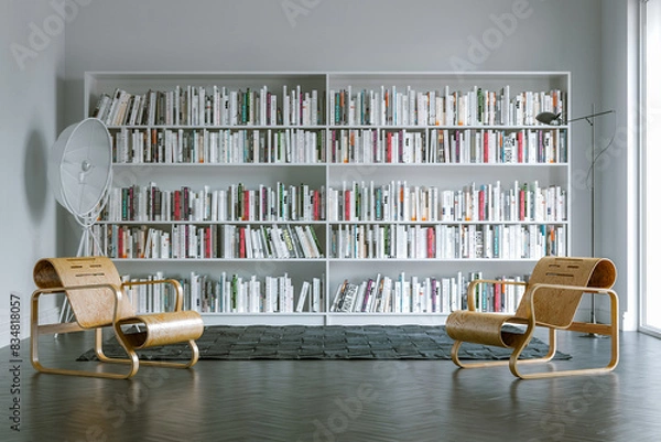 Fototapeta Modern Home Library with Designer Chairs 3d render